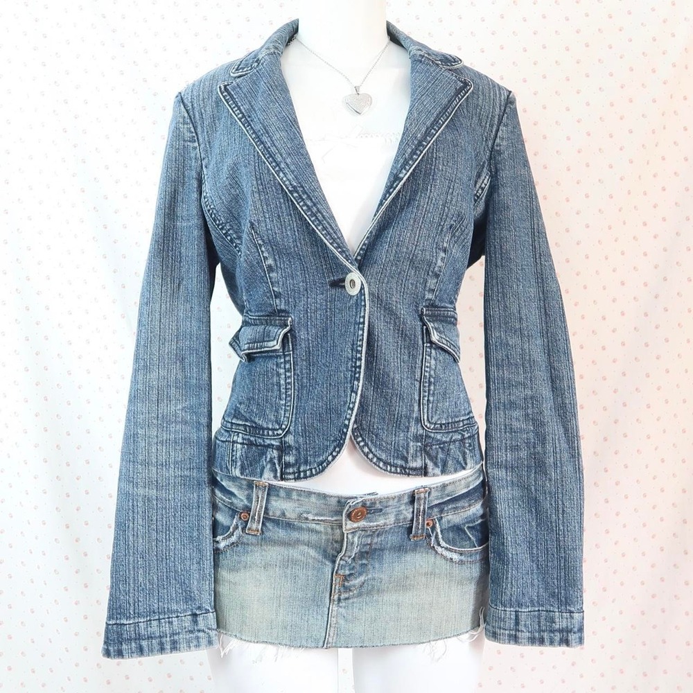 Y2K Denim Blazer Fitted Blue Jean Jacket Vintage